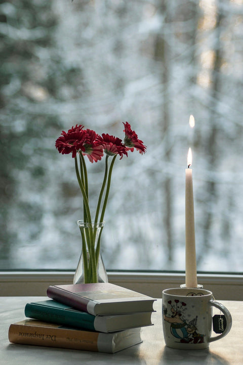 red flower in clear glass vase